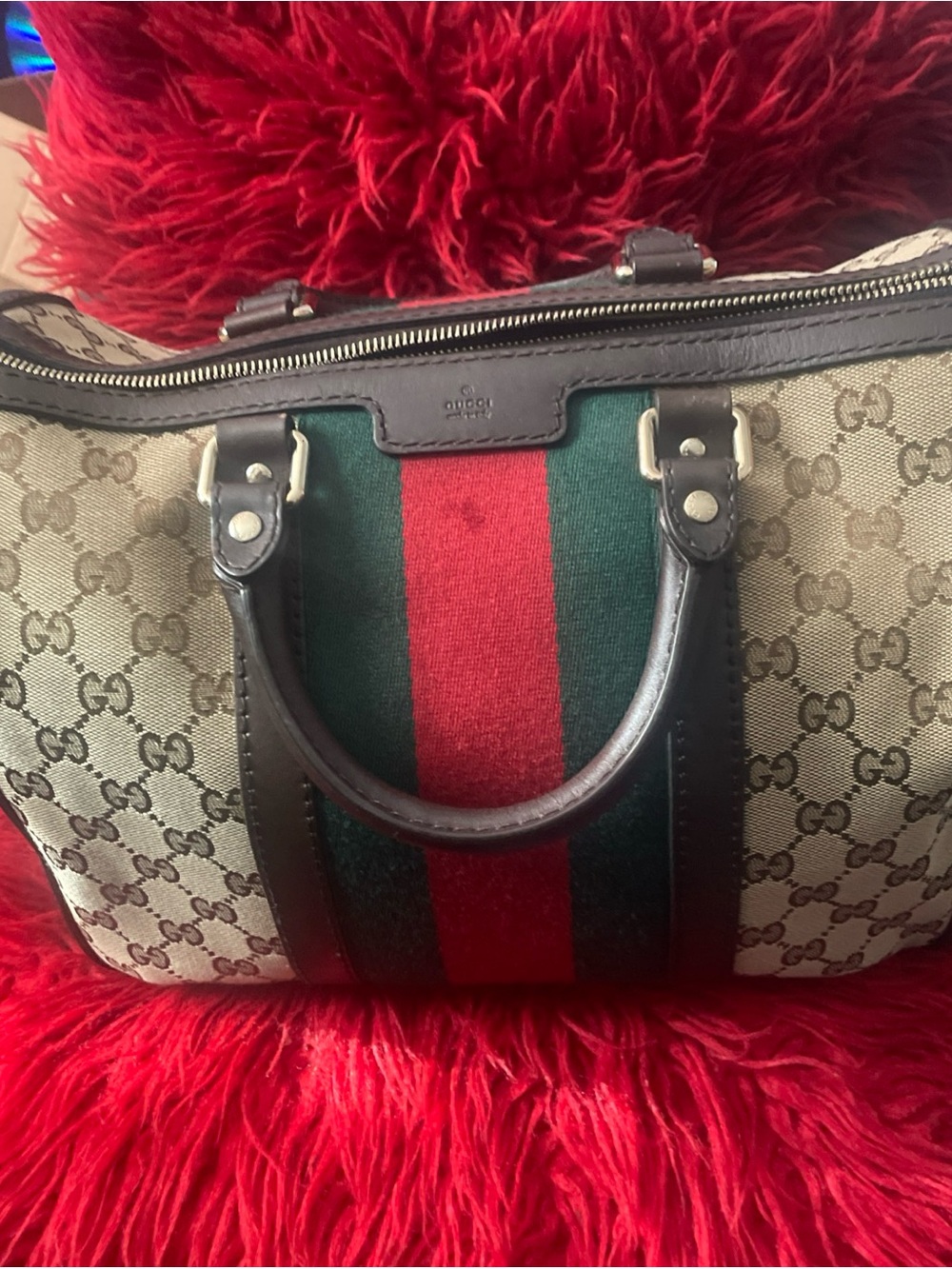 Gucci Brown Leather Trim Wallet with Red and Green Web Stripe